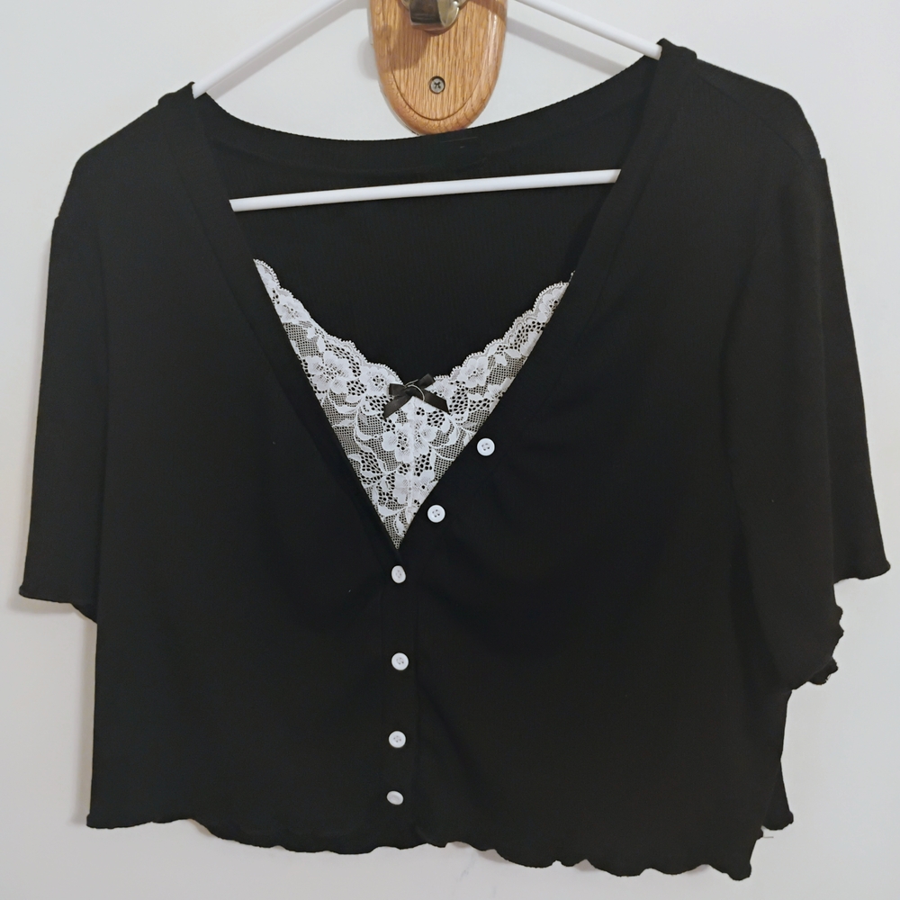 Black Lace Trim Button-Up Top